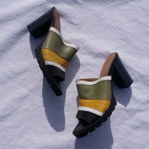 Dreamy chunky soled SEY collection color block heeled open toe mules